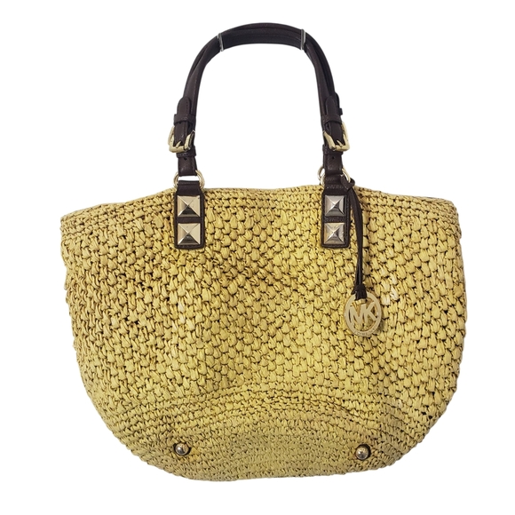 Michael Michael Kors Vintage Large Woven Straw Leather Handbag Satchel Tote - Picture 1 of 15
